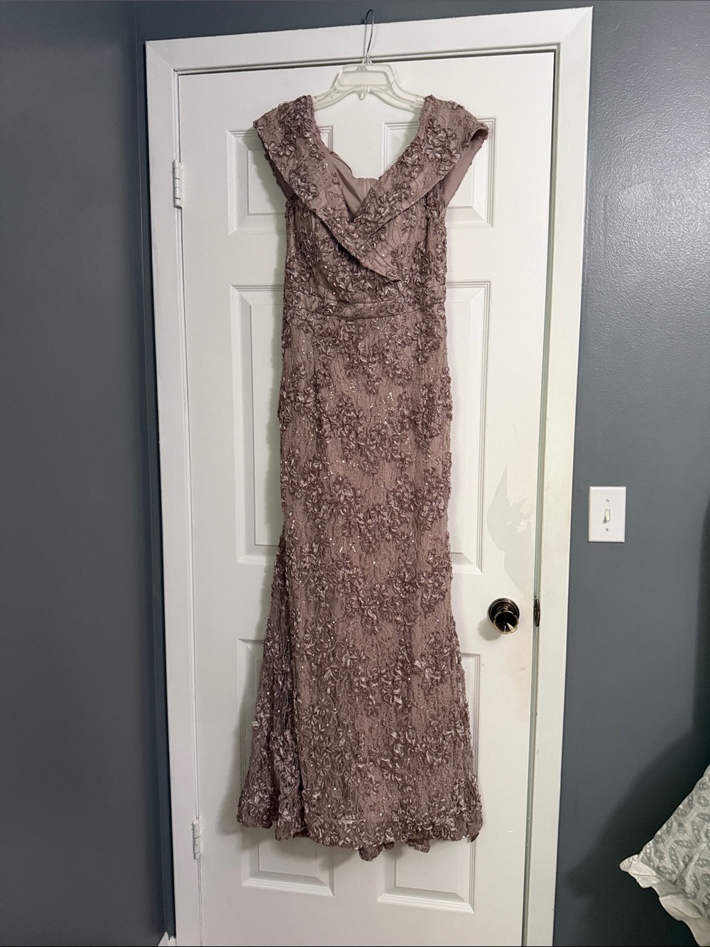 Xscape Mauve Beaded Illusion V-Neck Prom Gown